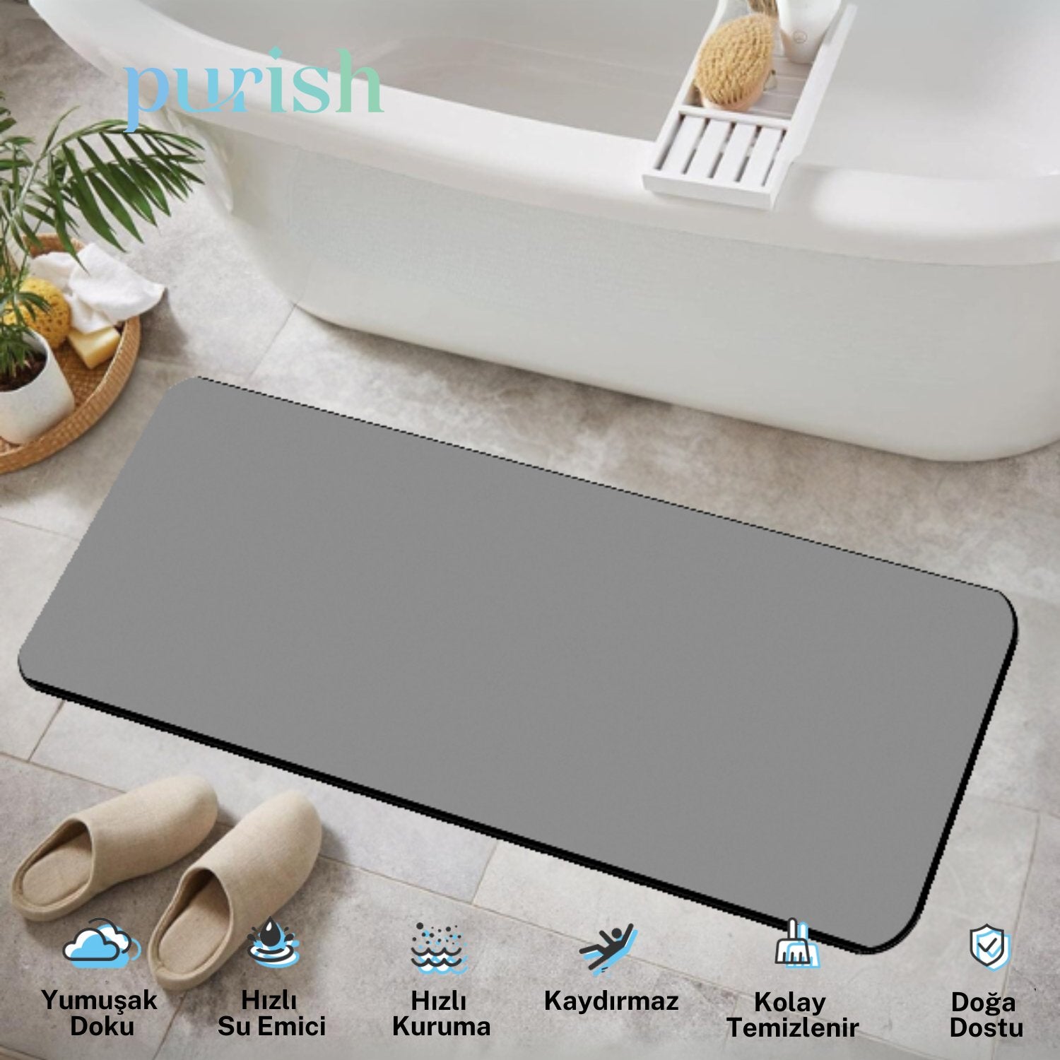 Gri Renkte Su Emici, Kaydırmaz Tabanlı, Yıkanabilir Diatom Banyo, Mutfak ve Abdest Paspası 120 x 40 cm